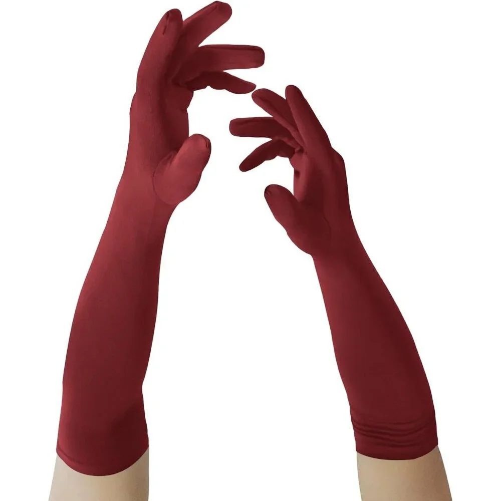Women's Wine Red Elbow Length Fabric Satin Gloves Halloween Costume Accessories